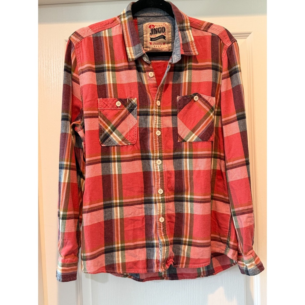 JNCO Shirt Womens Large Pink Blue Flannel Button Up Long Sleeve Top Crown Brand